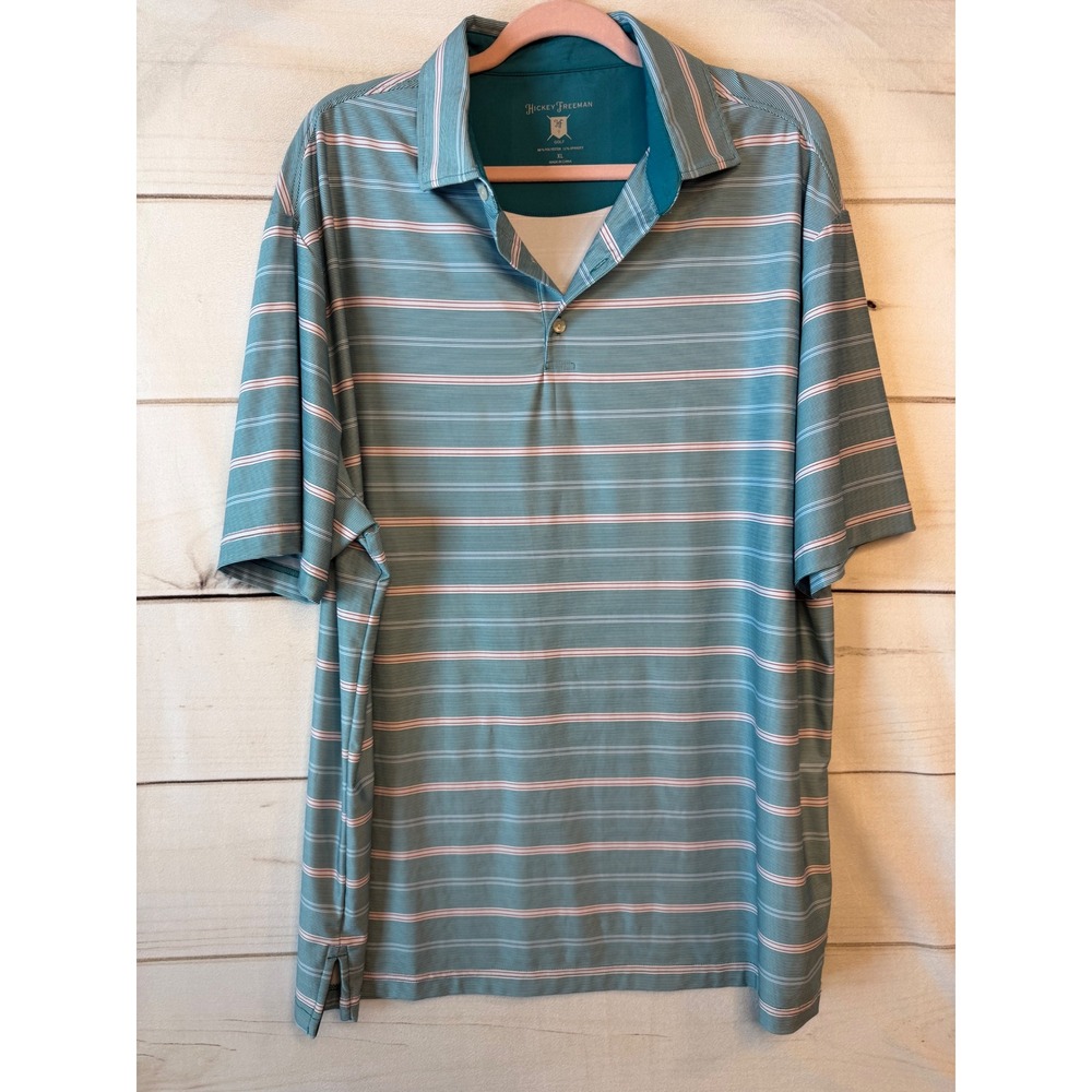 Hickey Freeman Golf Mens XL Teal Striped Performance Polo Shirt Short Sleeve